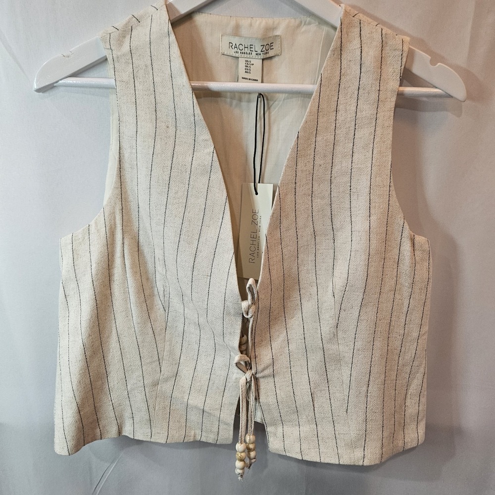 Rachel Zoe Linen Blend Tie Front Vest Top NWT Women's Sz S Striped Oatmeal Lined